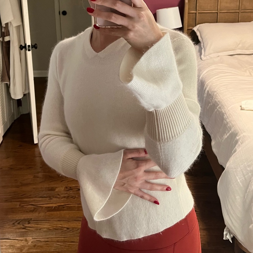 QDA Rabbit Fur Wool Blend Hooded Sweater Bell Cuffs White Cream Soft War…